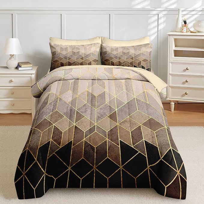 Nesker Comforter Set Queen Size, Black Golden Gradient Cubic 7 Pcs Bedding for Kids and Adults, Brown Modern Geometric Bed Sheet Sets with Fitted Sheet 2 Pillowcases & 2 Shams