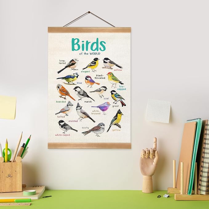 ZTGDA Birds Vintage Wall Art – Hanging Poster with Solid Wood Frame, Linen Canvas Bird Illustration Poster, Birds Wall Decor for Living Room Playroom Classroom, Birds Lovers Gift12x16inch (Tits)