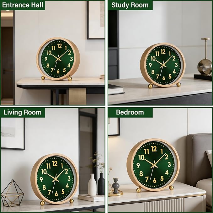 Maxspace Wooden Table Clock,8in Silent Non-Ticking Desk Clockwith Gold Ball Base, Battery Operated Desktop Analog Clock for Living Room Office Bedroom Decor (Green Gold - Log, Copper Ball Base)