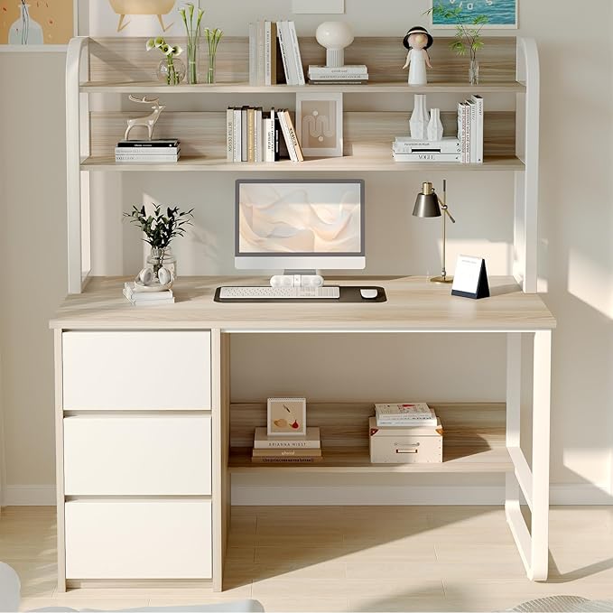 MaverickFurni Computer Desk with Hutch, 47 Inch Small Desk with 3 Drawers for Bedroom, Study Writing Desk with Shelves for Small Spaces, Adjustable Feet, Light Walnut