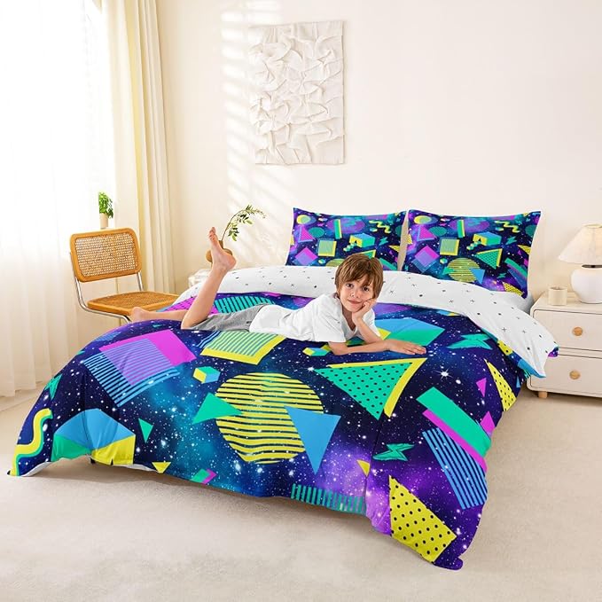 Universe Stars Comforter Cover Cosmic Outer Space Bedding Set for Teens Mens Boys Retro 80s 90s Memphis Duvet Cover Circular Triangle Geometric Quilt Cover Urban Art Bedroom Decor King Size