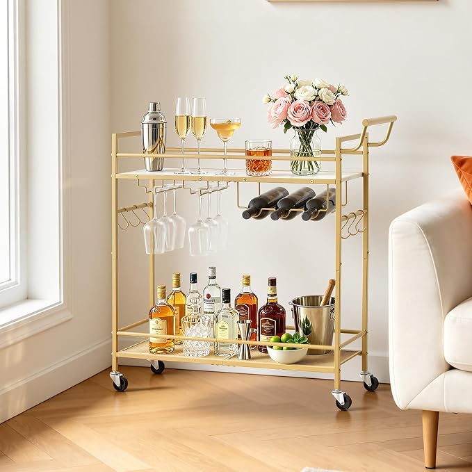 VEVOR Bar Cart, 2 Tiers Home Kitchen Serving Carts, Modern Rolling Utility Station on Wheel, Mobile Drink Beverage Trolley with Wooden & Mesh Shelf, Wine Rack, Glass Holder, 33.86x11.81x32.68 in, Gold