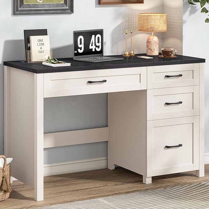 Vabches Farmhouse 47" Executive Desk with 4 Drawers, Computer Desk with File Drawer and Charging Station, Workstation for Home Office, Study.（Black）