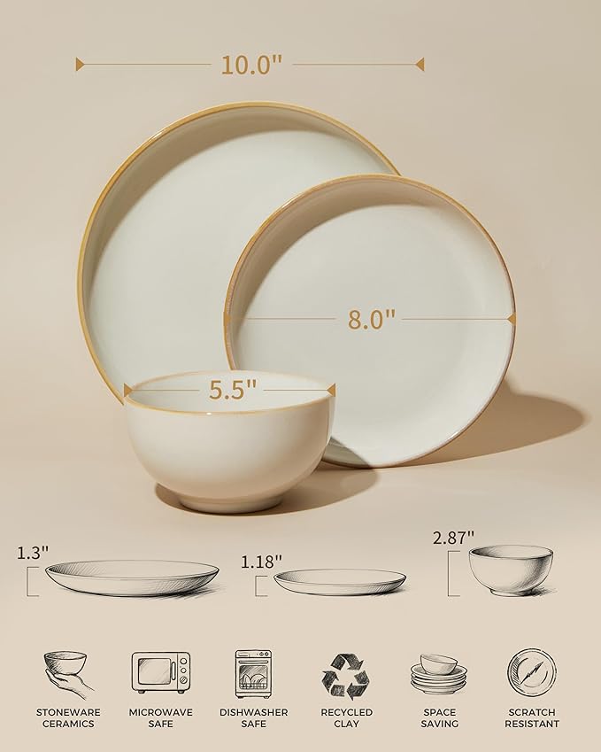 Plates and Bowls Sets for 8, 24 Piece Dinnerware Set for Large Families & Entertaining, Elegant Design, Dishwasher & Microwave Safe, Chip Resistant and Durable, Yellow White