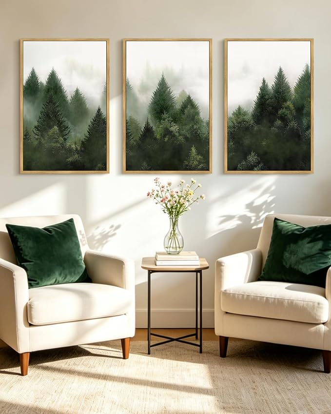 KUVIOKE Morden Green Fog Pine Tree Framed Canvas Wall Art Nature Nordic Forests Artwork Painting Bedroom Decor 24x36in (Natural Framed)