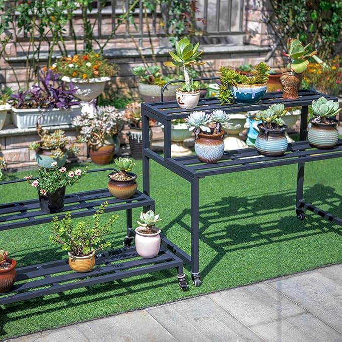 Metal Plant Stand for Outdoor Indoor, 4-Tier Aluminum Plant Stands, Multiple Plants Shelf with Universal Wheel, Flowers Pot Holder Rack for Lawn Garden Balcony Patio
