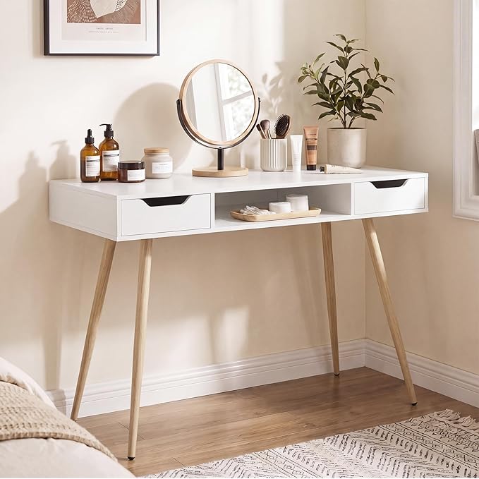 Tangkula White Writing Desk, Simple Computer Desk with 2 Drawers & Open Center Storage, Mid Century Modern Vanity Table, Small Wooden Study Table for Home Office & Compact Spaces