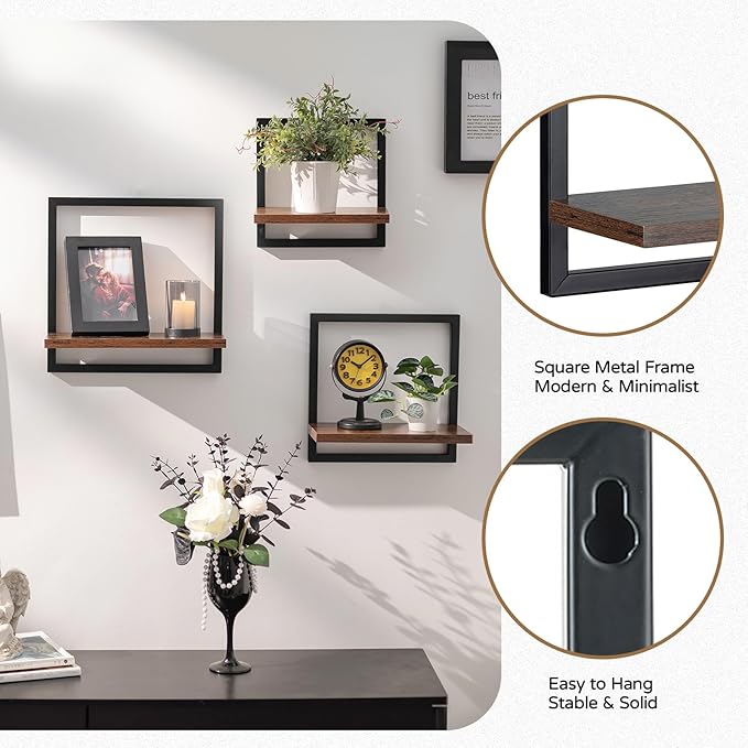 Wall Shelves for Living Room - Set of 3 Geometric Decorative Floating Shelf for Home Decor - Modern Industrial Wall Mounted Shelving Unit for Bedroom Bathroom Corner (Rustic Brown and Black)