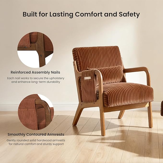 DUMOS Accent Chairs Set of 2, Mid Century Modern Accent Chair with Lumbar Pillow and Solid Wood Frame, Upholstered Armchair Reading Chair for Living Room, Bedroom, Orange