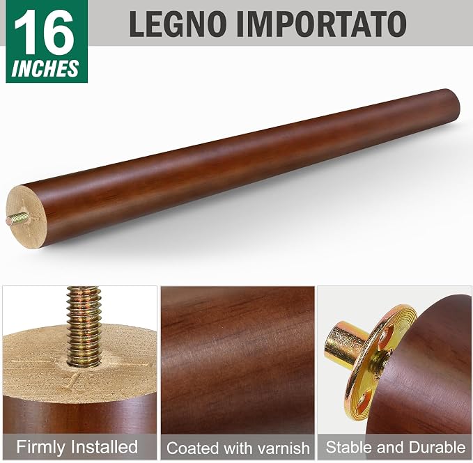 FoDau770 Brown Rubber Wood Furniture Legs 16 Inches, Straight Tapered Wood Feet Mid Century Sofa Legs Set of 4, 5/16" UNC Furniture Feet for Cabinet Couch Dresser Chair Ottoman Table