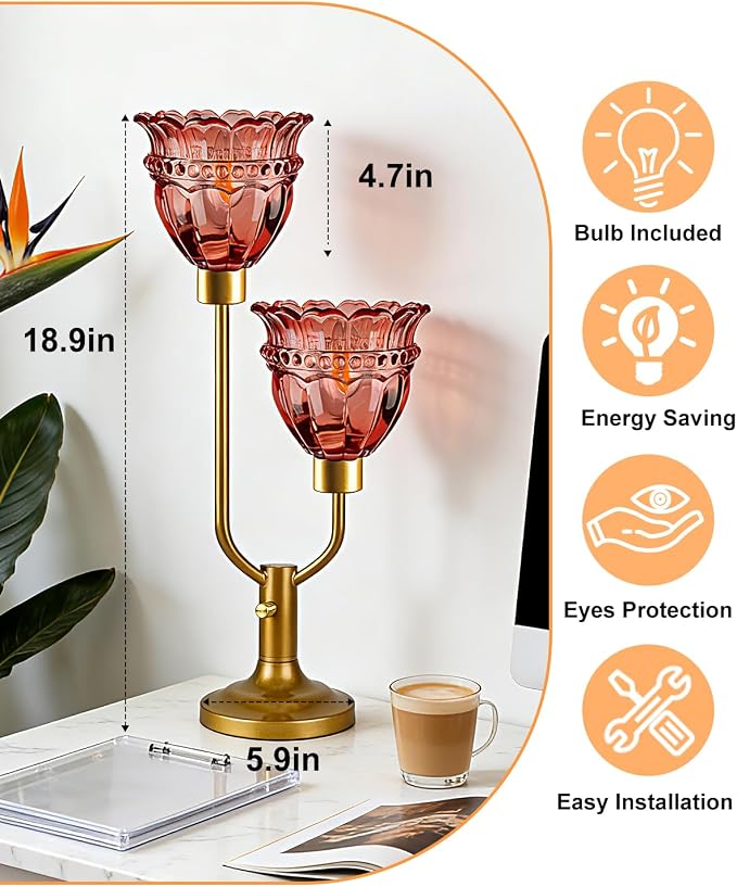 Lightdot Mid Century Modern Table Lamp Dimmable Vintage Gold Desk Lamp Red Glass Nightstand Lamp 2 Bulbs Included Warmwhite Ambient Bedside Lamps for Living Room Bedroom Girls Room Home Office Decor