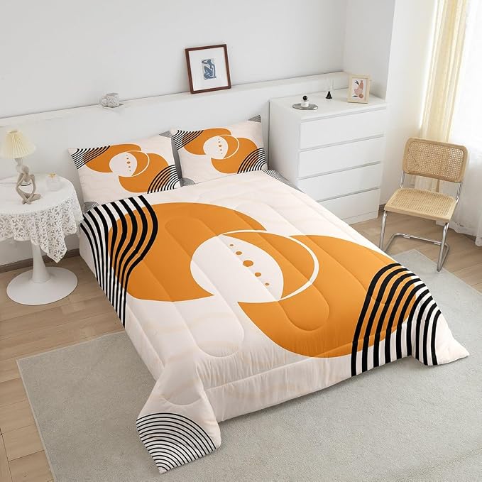 Orange Minimalist Bedding Set Twin Mid Century Comforter Set, Geometric Circle Duvet Insert Black Creamy White Aesthetic Quilt Comforter, Modern Bedding Comforters & Sets Microfiber 2 Pieces