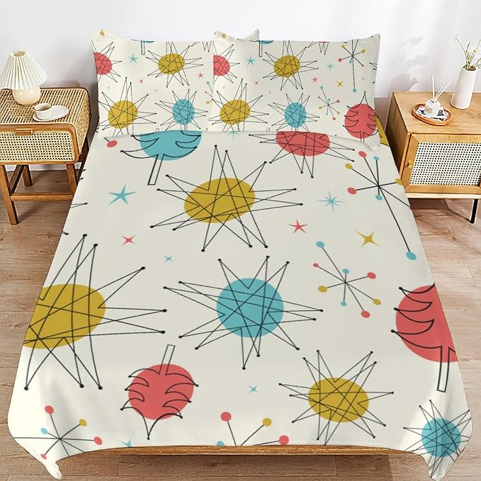 Mid Century Duvet Cover Queen Retro Atomic Bedding Set, Rainbow Grid Comforter Cover Vintage Fifties 1950s Bed Set，Abstract Art Bedding 3 Piece (1 Duvet Cover 102"x90" + 2 Pillow Sham 20"x30")