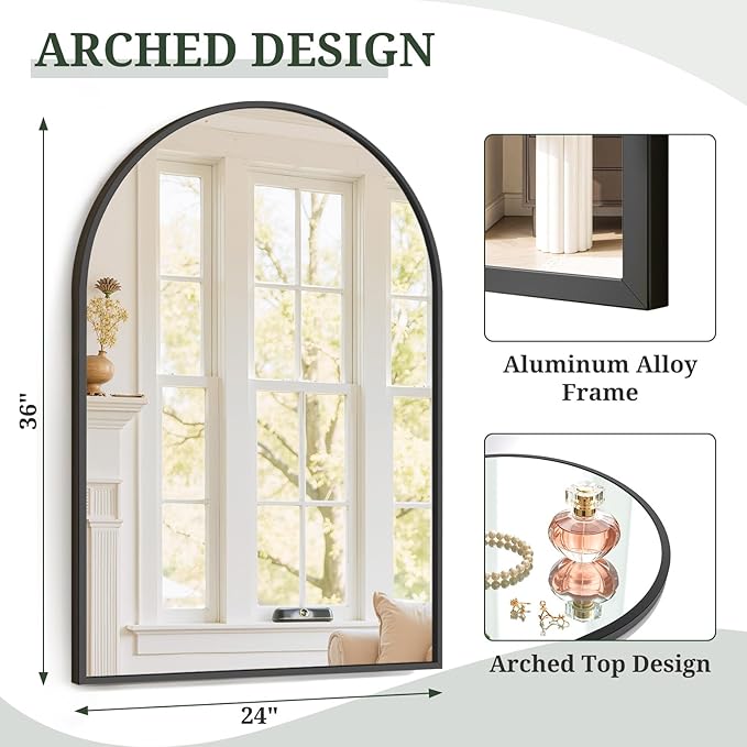 Arched Wall Mirror 36x24 Inch Black Bathroom Vanity Mirror with Metal Frame, Modern Arch Mirror for Bedroom, Living Room, Entryway, Wall Mounted Decorative Mirror