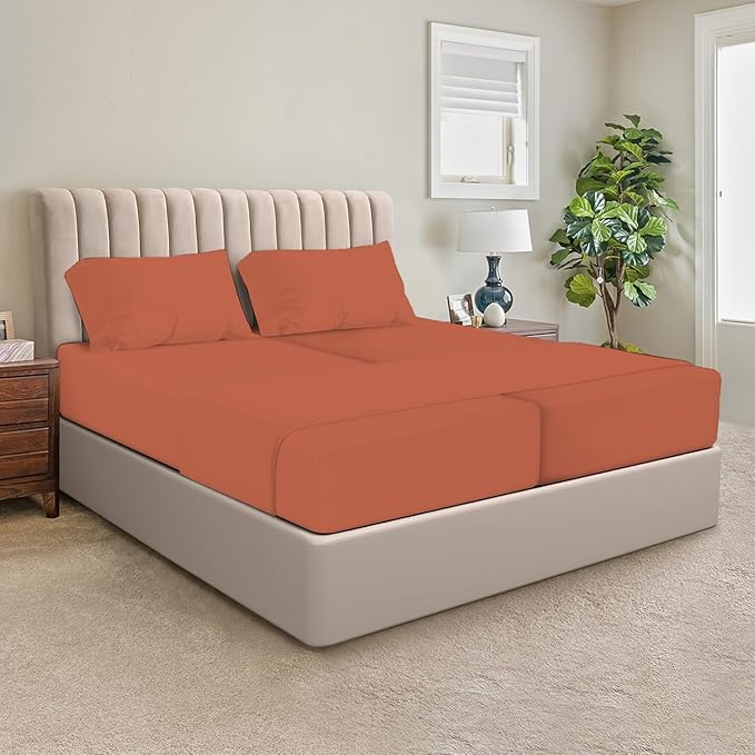 SGI Split King Sheet Set for Adjustable Bed Egyptian Premium Cotton 600 Thread Count Sheets for Sleep Number Bed 15" Deep Pocket 5 Pc Set with 2 Twin XL Fitted Sheets Soft Breathable - Terracotta