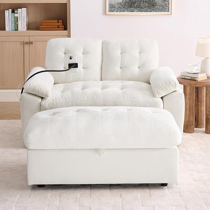 Oversized Chaise Lounge Chair Indoor, Double Convertible Recliner Reading Arm Sofa Chair W/Adjustable Backrest & Charging Port Couch Bed for Living Room, Home Theater & Bedroom, Beige