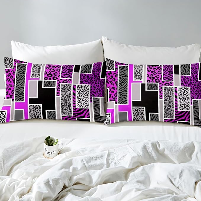 Erosebridal Leopard Print Bedding Set Full Cheetah Zebra Stripes Fur Print Duvet Cover Violet Geometric Square Patchwork Comforter Cover for Kids Teen Adults,Rustic Wild Animals Skin Texture Bed Set