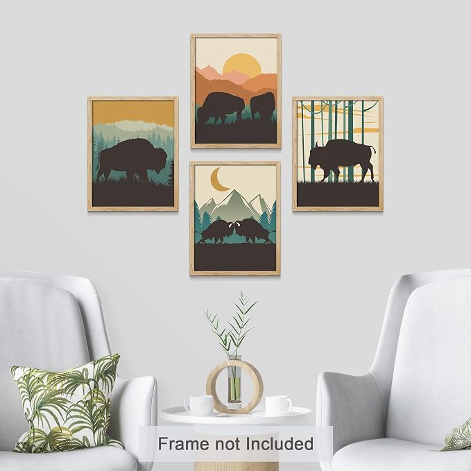 SIGNWIN Poster Bathroom Decor, Wall Art Room Decor Multicolor for Living Room, Bedroom, Office Country Farmhouse Vibrant Bison Silhouette Nature Wilderness Animals Decorative Chic - 12"x16"x4