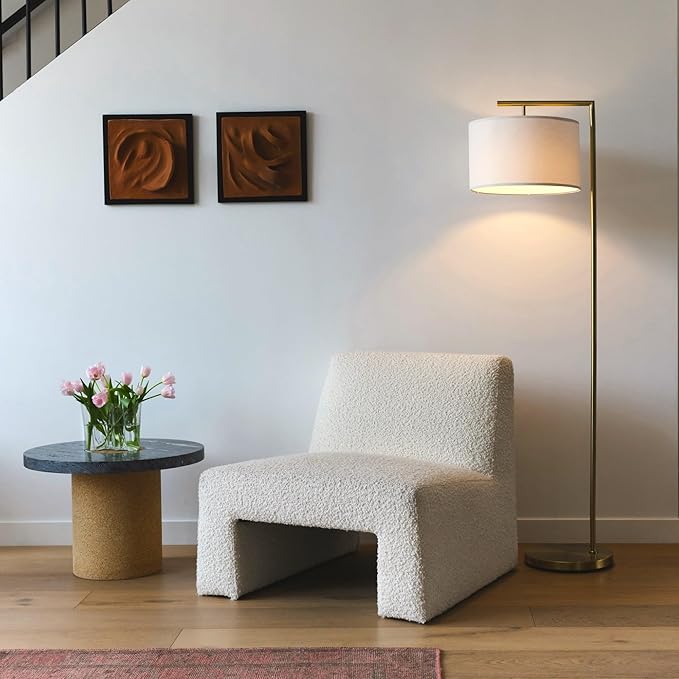 Brightech Montage Modern Floor Lamp - LED Standing Lamp with White Shade and Adjustable Color for Living Rooms & Offices - Tall Corner Bedroom Reading Light for Contemporary Home Decor - Antique Brass