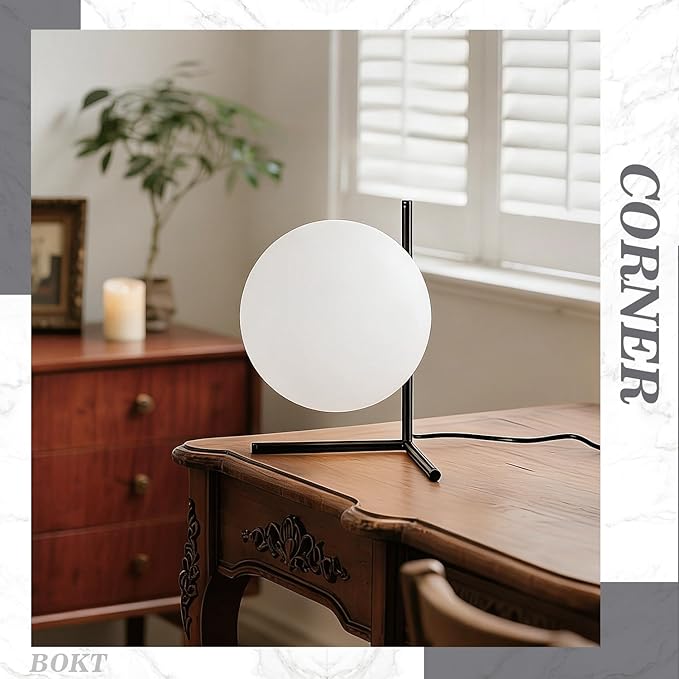 BOKT Modern Mid Century Matte Black Globe Table Lamp Post Modern Mini White Glass Desk Lamp Industrial Farmhouse Nightstand Bedside Lamp Lighting Fixture