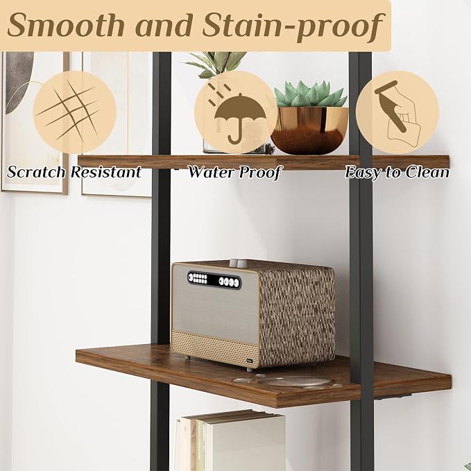Karl home Ladder Shelf 5 Tier Wall Mounted Bookcase with Metal Frame,Open Design Shelves for Living Room,Bedroom,Home,Office,Rustic Brown (23.6" L x 11.8" W x 70.9" H)
