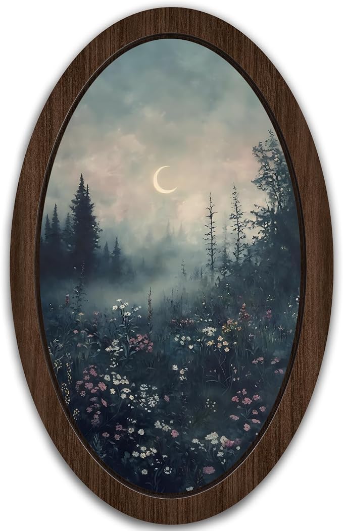 UYIKG Vintage Wall Art Decor,Rustic Farmhouse Gothic Forest Wooden Framed Decor,Moonlit Moody Oval Wall Decorations for Theme Room Home Bedroom Living Room Office 9x14.6 in