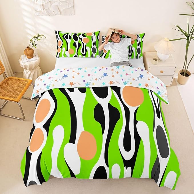 Erosebridal Organic Geometric Duvet Cover Set Modern Abstract King Bedding Set for Adult Men Retro Mid Century Comforter Cover Modern Fluid Art Irregular Circles Bed Sets,Lime Green Peach