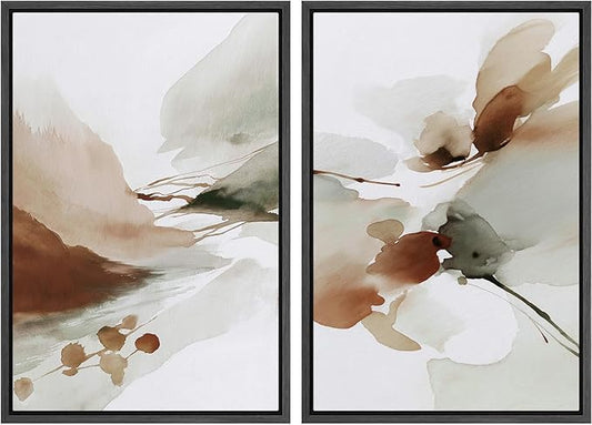 IDEA4WALL Framed Canvas Print Wall Art Set Earth Tone Watercolor Abstract Minimalist Nature-Inspired Illustrations Modern Art Decorative Calm/Zen for Living Room, Bedroom, Office - 24"x36"x2 Black