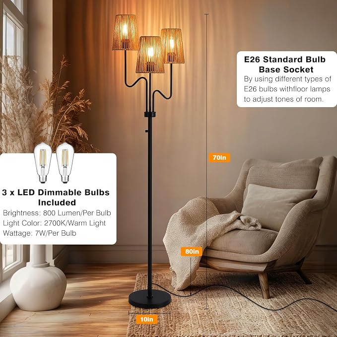 9MMML Farmhouse Boho Dimmable Floor Lamp with Rattan Shade, 68'' Tall Floor Standing Lamp, 3-Light Floor Lamp for Living Room, Bedroom, Office, Corner, 3 x E26 LED Bulb Included