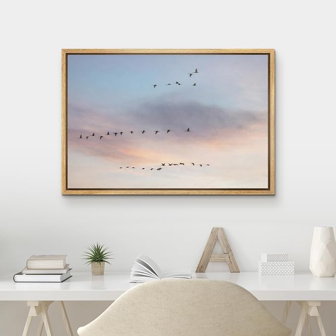 MUDECOR Framed Canvas Print Wall Art Flying Birds in Pastel Sunset Sky Panorama Illustrations Minimalism Decorative Bohemian Zen for Living Room, Bedroom, Office - 24"x36" NATURAL