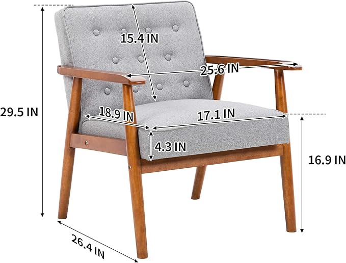 UNICOO® Mid-Century Retro Modern Accent Chairs, Solid Wood Armrest Lounge, Upholstered Mid Century Modern Chair, Walnut Finish with Innerspring Seat Cushion, Linen-Look Fabric (U205-1-GY)