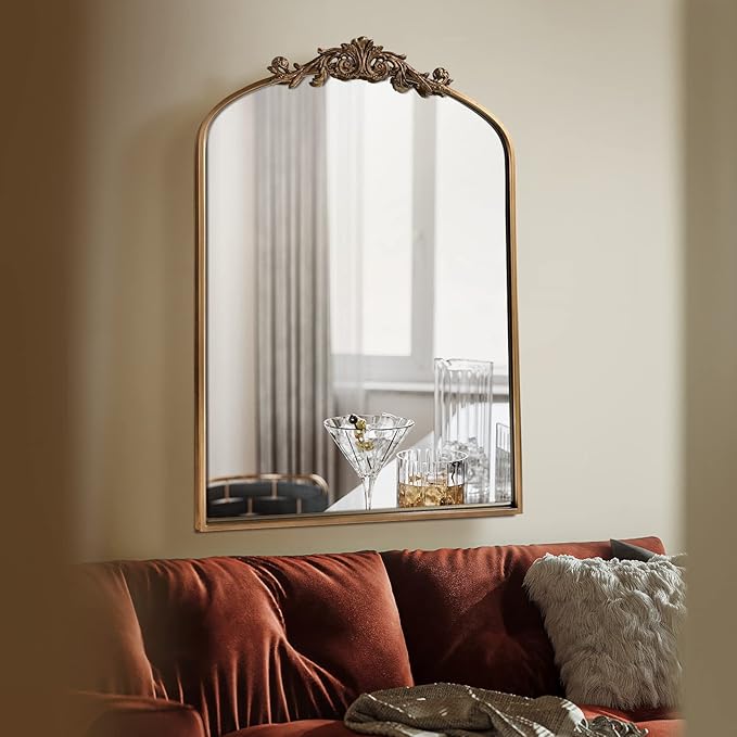 Gold Brass Mirror for Wall,Gold Traditional Vintage Ornate Baroque Mirrors,Victorian Antique Bronze Mirrors with Full Matel Frame,Arched Mirror for Entryway/Bathroom/Fireplace 24"X36"