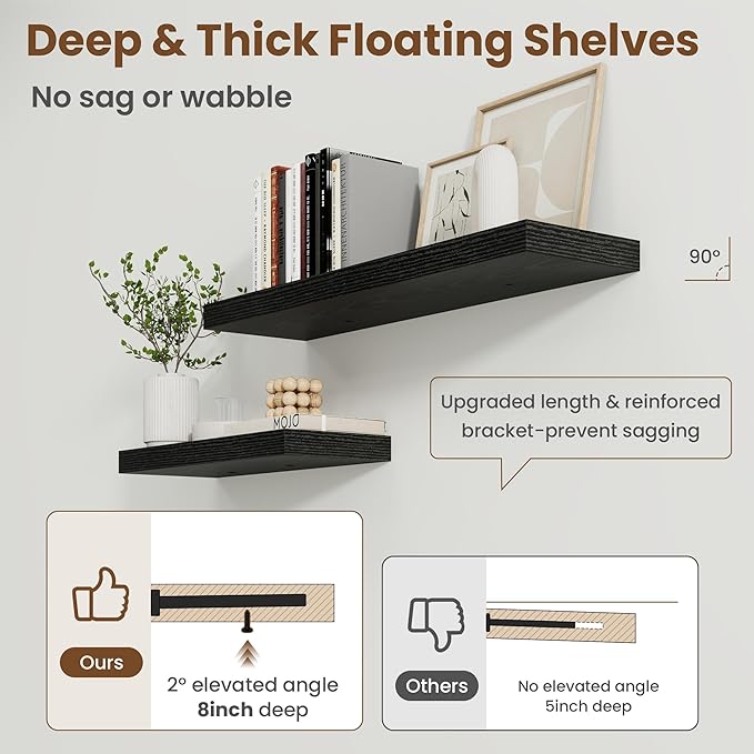 Axeman Square Floating Shelves for Wall, 8" W x 8" D x 1.4" H Rustic Wooden Wall Shelves, 4 Pack Wall Mounted Floating Shelf with Invisible Brackets for Living Room, Bathroom, Kitchen, Black Color