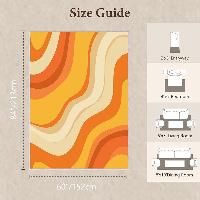 Sunset Flow Area Rug 5x7, Modern Abstract Wave Rug, Retro Orange Neutral Carpet for Living Room Bedroom, Soft Non Slip Washable Rug