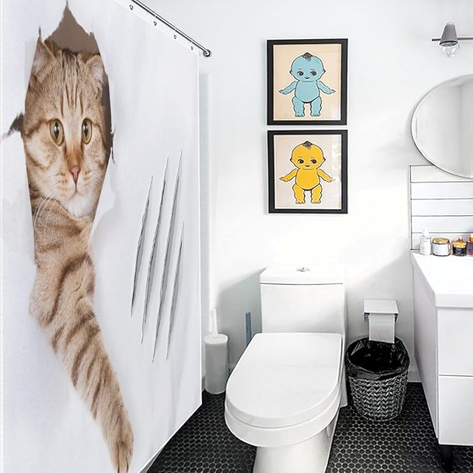 Cat Shower Curtain Funny Cat Hole Claw Scratches Playful Pet Pattern Duty Fabric Shower Curtains Set Bathroom Polyester Waterproof with 12 Hooks, 66x72Inch（168x183cm）