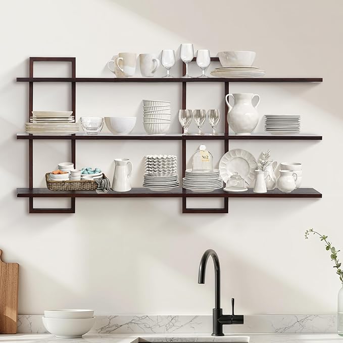 PHOENANCEE 3 Tier Wall Shelves,Decorative Floating Shelf for Wall,Plants Photo Shelf Storage Display Shelving Wood for Living Room Bedroom Kitchen Home Office Decor,Modern,Large,22 Inch(Walnut