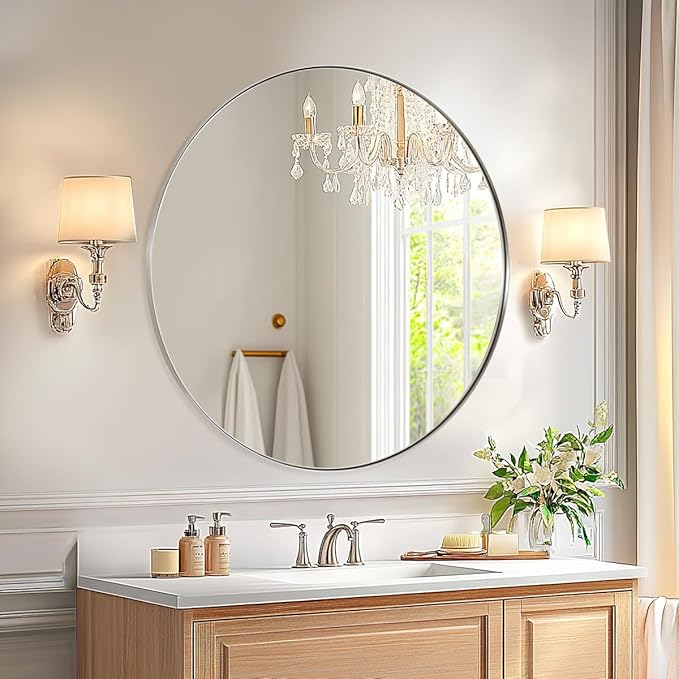ANDY STAR Round Bathroom Mirror, 24’’ Brushed Silver Round Bathroom Mirrors in Stainless Steel Metal Frame 1" Deep Set Design