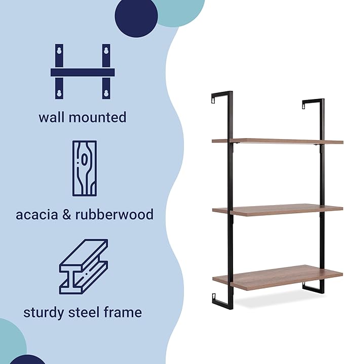 happimess MSH1000C Madera 40.55" Classic Industrial 3-Shelf Wood Wall-Mounted Open Ladder Bookcase with Metal Frame, Brown/Black