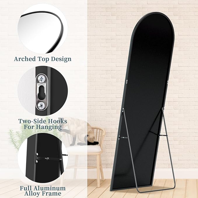 Full Length Mirror with Stand, 58"x18" Arched Full Body Mirror, Large Stand Up Aluminum Frame Floor Freestanding Hanging Leaning Mounted for Bedroom Living Room Entryway Gold