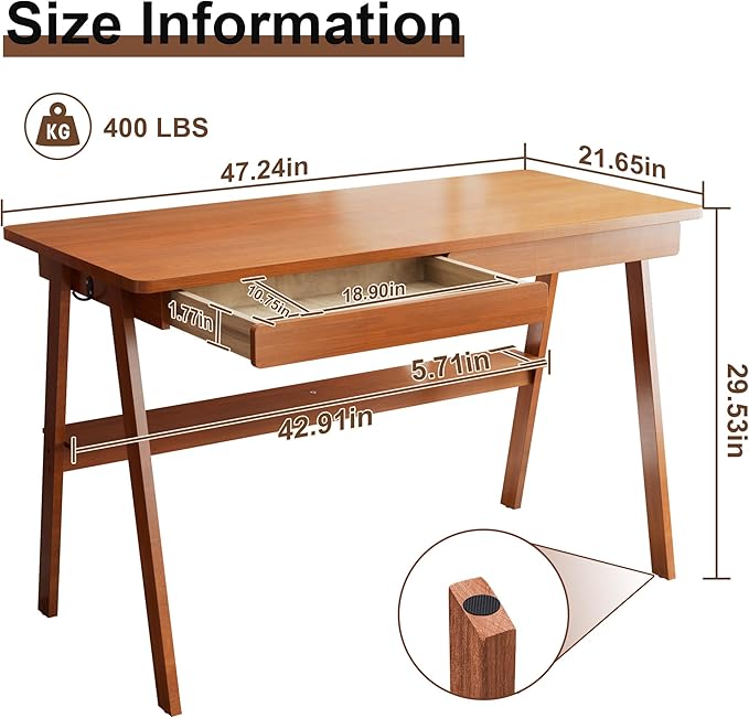 100% Solid Wood Writing Desk - 47.2" Mid Century Modern Desk, Home Office Desks with 2 Drawers and Storage Shelf, Small Computer Desks, Study Makeup Workstation for Bedroom/Living Room, Walnut