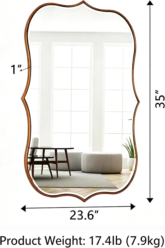 SHYFOY Antique Gold Mirrors for Wall Decor Decorative Wall Mirror Large 24" L x 36" W, Asymmetrical Wavy Accent Mirror with Scalloped Wood Frame, Bronze Farmhouse Traditional Mirror