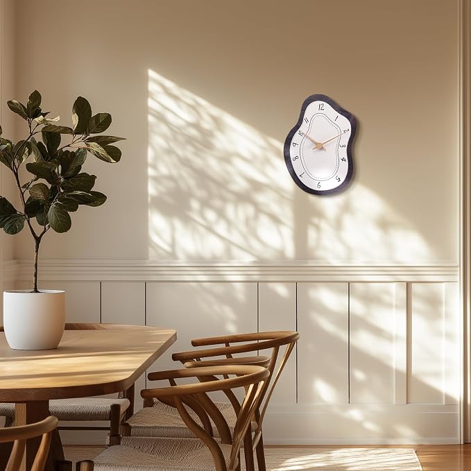 Mid Century Retro Irregular Shape Wall Clock, Silent Non-Ticking Battery Operated, 14 x 10 Inch Vintage Boho Beige Art Clock for Living Room, Bedroom, Entryway, Mantel Decor
