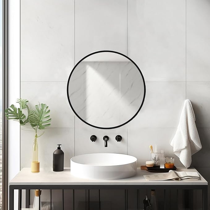 Sunniry 18 inch Round Mirror, Round Wall Mirror, Metal Frame Black Circle Mirror, Black Round Mirrors for Wall, Bathroom, Bedroom, Vanity, Hallway.