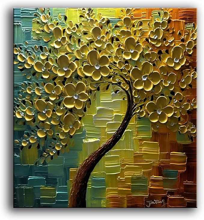 YaSheng Art - hand-painted Oil Painting On Canvas textured wall art golden Flowers Paintings Modern Home Decor Wall Art bedroom aesthetic Abstract Art picture Ready to hang 30x30inch