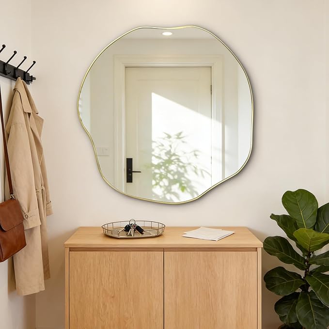 POZINO Gold Irregular Mirror, Large Asymmetrical Wall Mirror, 30" Scalloped Rounded Mirrors, Modern Frameless Abstract Mirrors for Living Room Bedroom Bathroom Entryway Hallway Fireplace