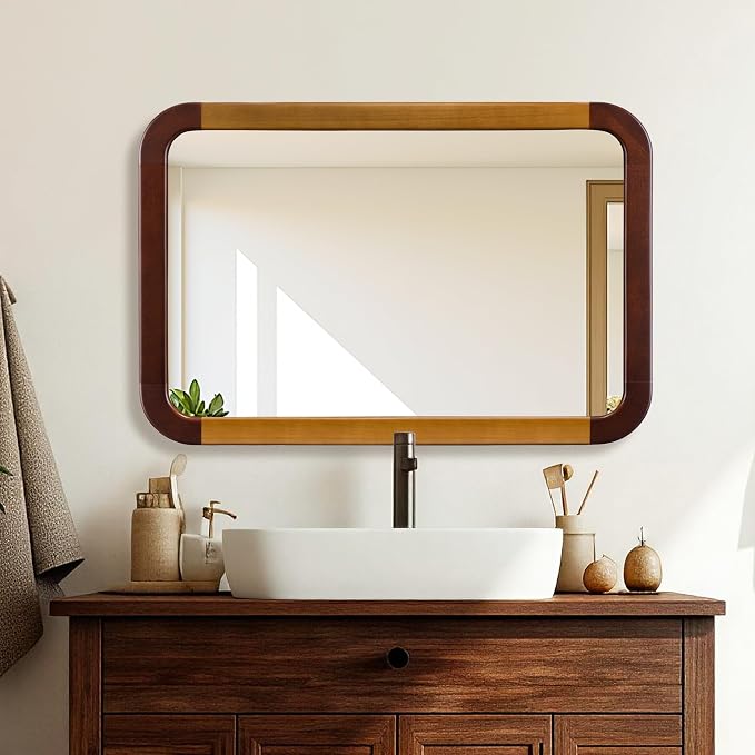 Bathroom Mirror 24 x 36 Inch,Brown Wood Rustic Rectangle Tempered Wall Mirror with Wood Frame,Round Corner Farmhouse Wooden Vanity Mirror for Living Room,Entryway or Bedroom（Walnut Brown）