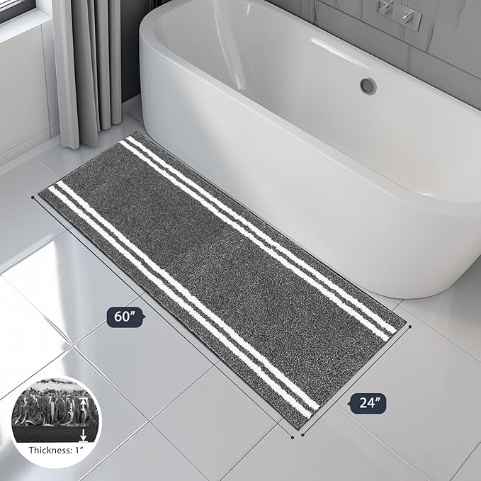PURRUGS Bathroom Rug Non-Slip Machine Washable 24" x 60", Super Absorbent and Quick Dry Shaggy Microfiber Bath Mat, Extra Soft and Plush Bath Rug for Bathtub, Shower, and Sink, Charcoal