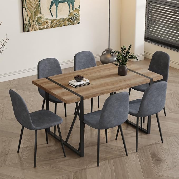 6 Chair Dining Table Set，Dinner Table Set for 6, 55'' Kitchen Table and Suede Nap Fabic Chairs Set of 6, 7 Piece Dining Table Set for Kitchen Dining Room