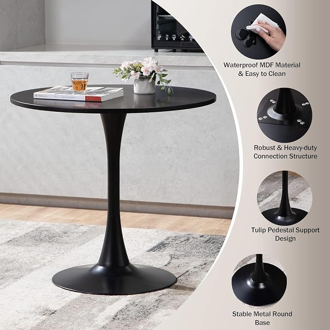 31.5 Inch Black Round Dining Table,Mid-Century Modern Black Tulip Table Kitchen Dining Table with MDF Table Top and Pedestal Base for Home Kitchen 2-4 Person