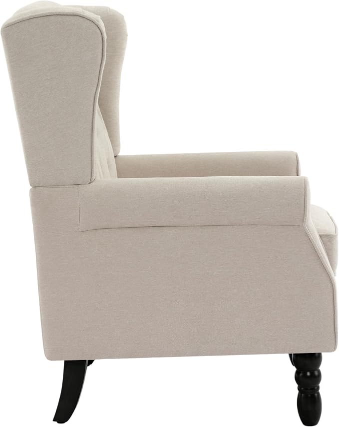 High Back Accent Chairs Set of 2, Fabric Upholstered Armchair Wingback Chair for Living Room, Comfy Single Sofa Bedroom Reading Seat with Solid Wood Legs, Beige